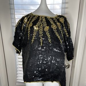 Plus Size 80's Vintage Retro Sequin Beaded top Black Gold 1X XXL floral